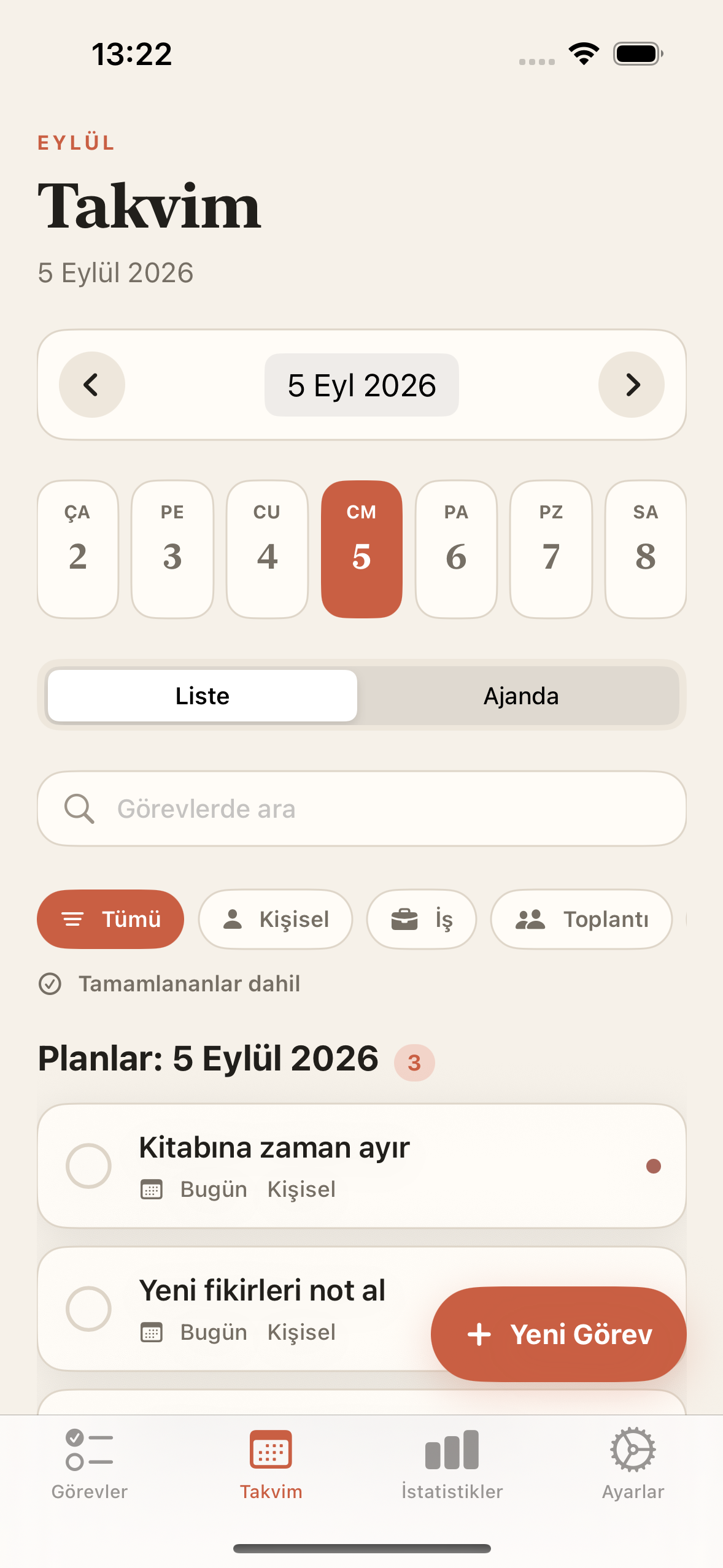 Plenio Takvim ekranı